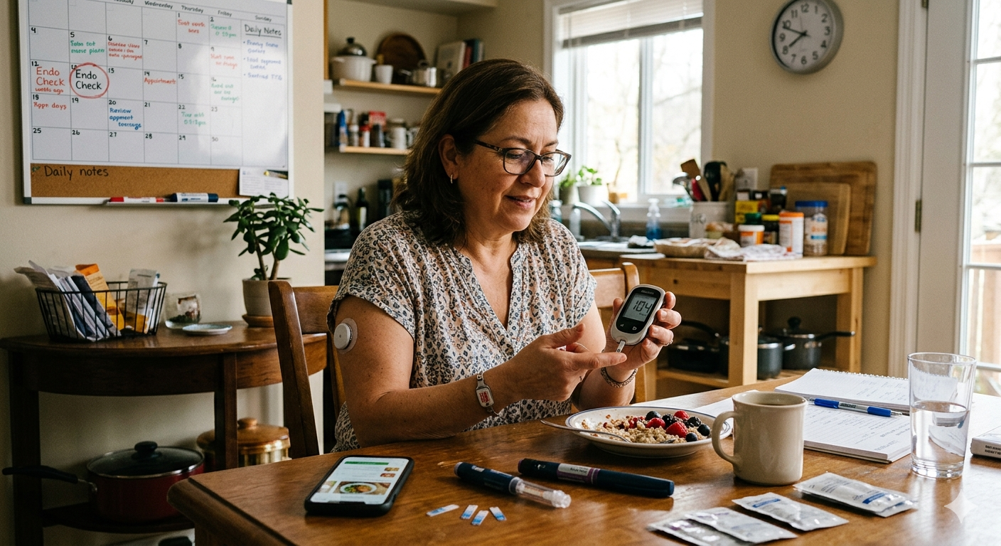 Person managing diabetes daily between doctor appointments with myMD